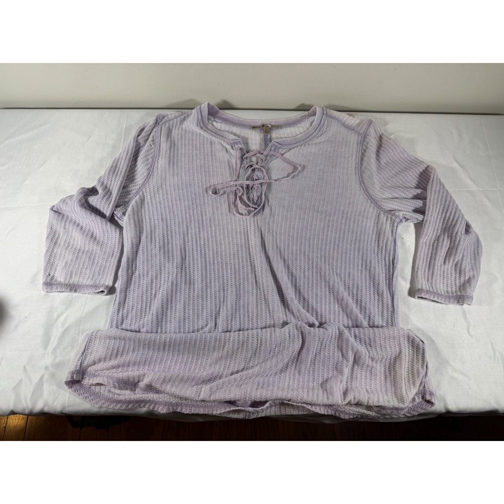 Seven7 Womens XL Lavender Purple Waffle Knit Lace Up Thermal Top 3/4 Sleeve